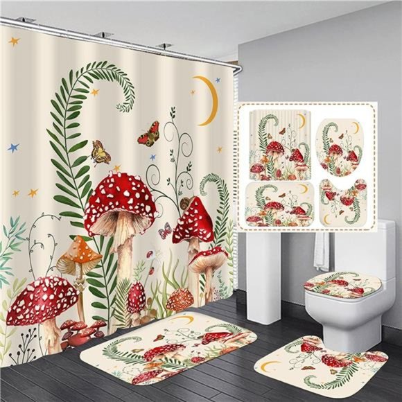 4PCS Mushroom Butterfly Flower Shower Curtain Set with Non-Slip Rugs Toilet Lid